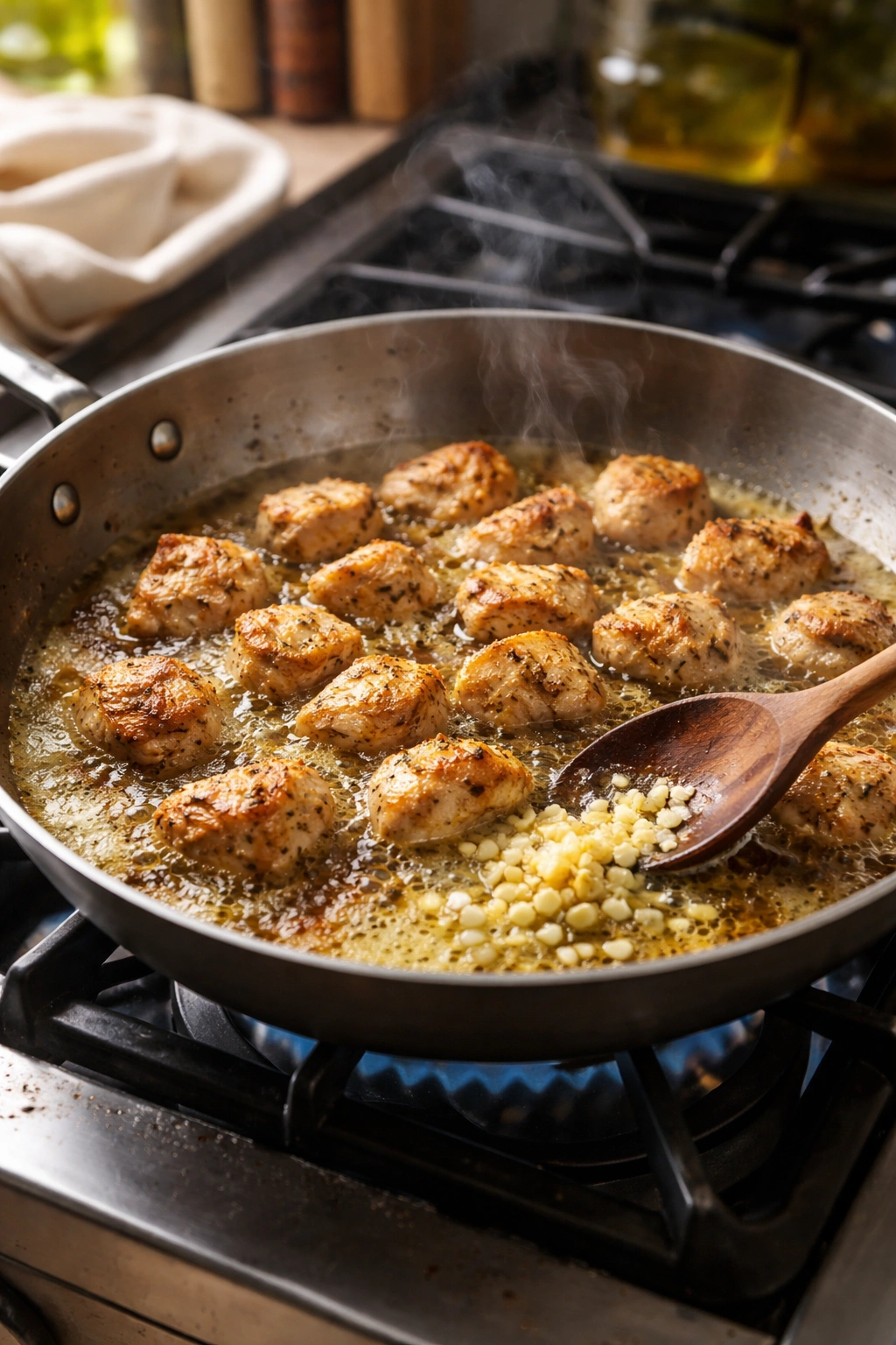 Skillet with butter foaming and browned chicken during the cooking stage.