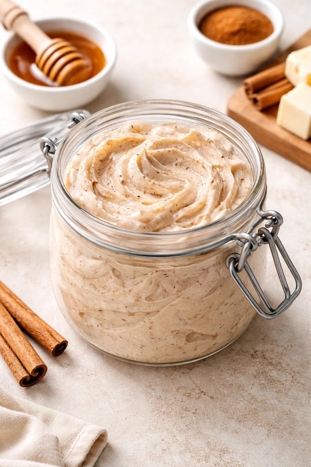A glass jar of whipped cinnamon honey butter ready for storage