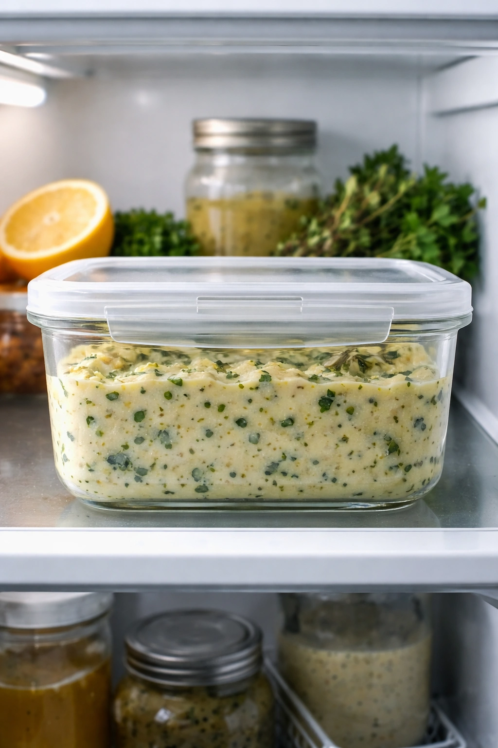 Airtight container of herbed butter in the fridge