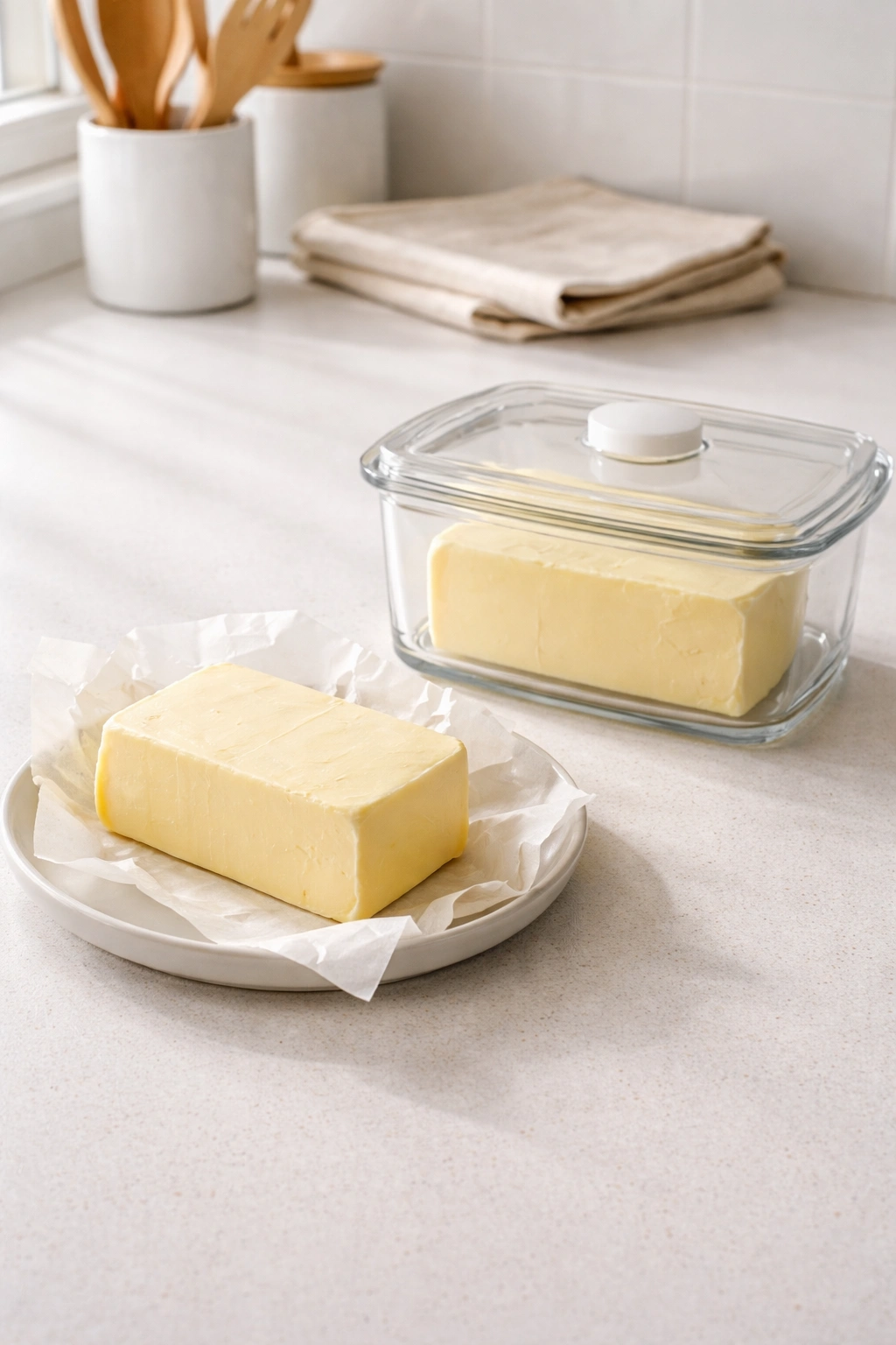 Parwrapped butter with a covered container on a clean counter