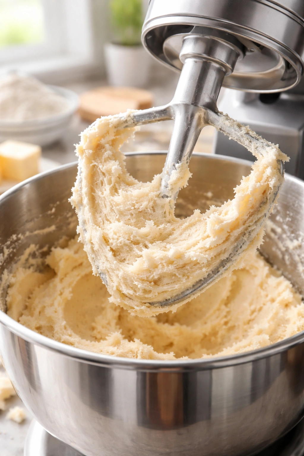 Close-up of pale fluffy dough creamed with butter in a stand mixer