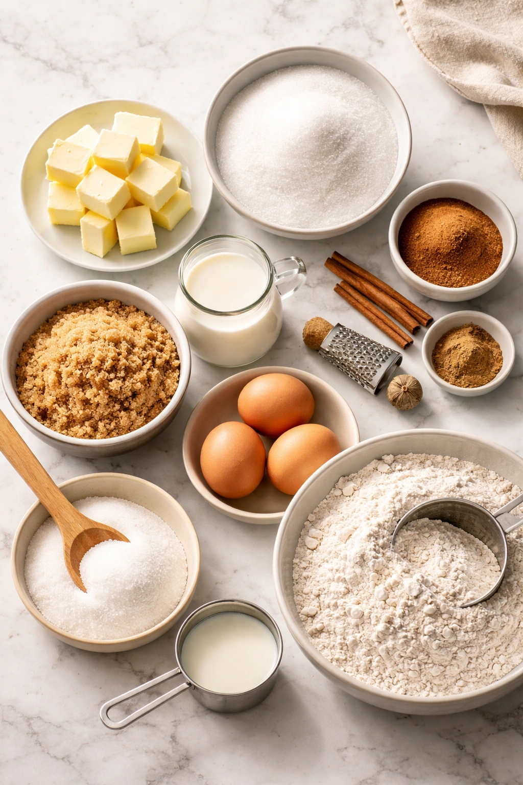 Butter, sugars, eggs, flour, milk, and spices for apple cake