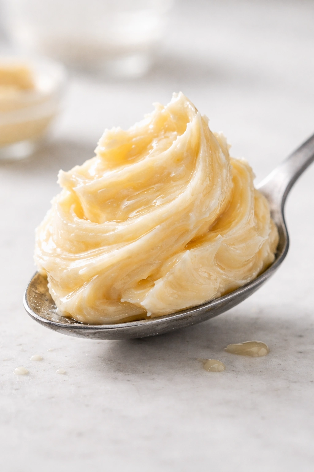 Fluffy honey butter on a spoon with bright, soft lighting