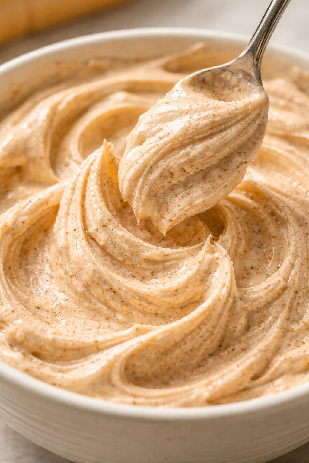 Close-up of fluffy whipped cinnamon honey butter with airy peaks and warm color