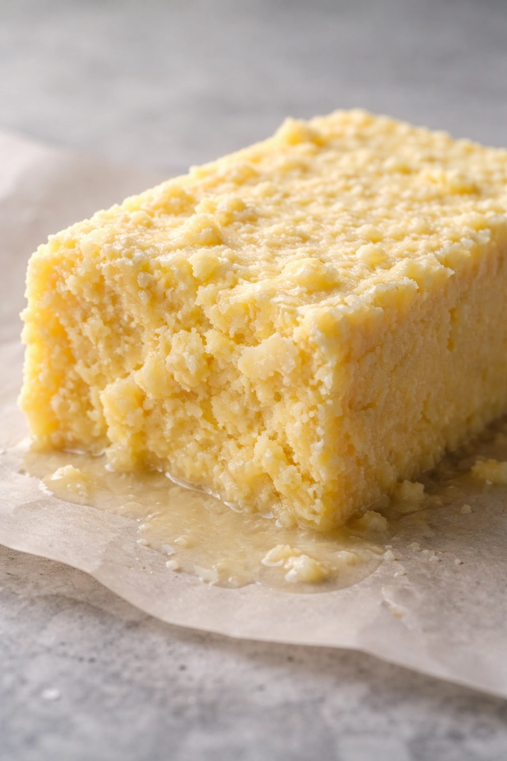 Grainy textured butter block on neutral surface