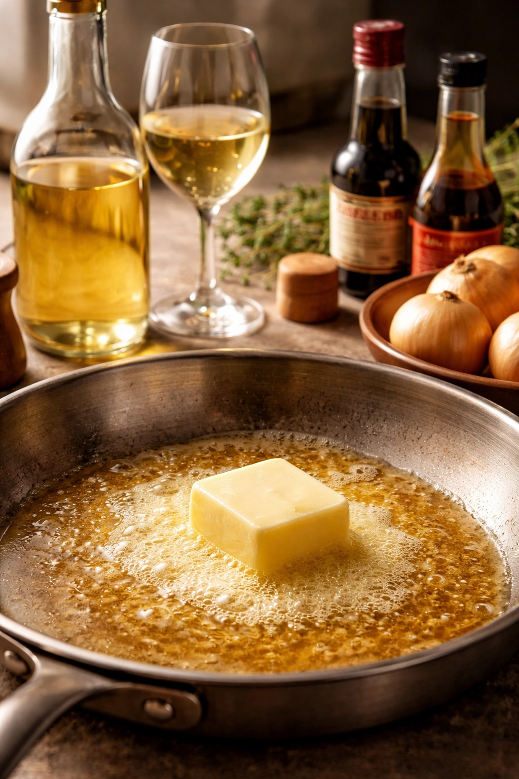 Unsalted butter melting in a pan