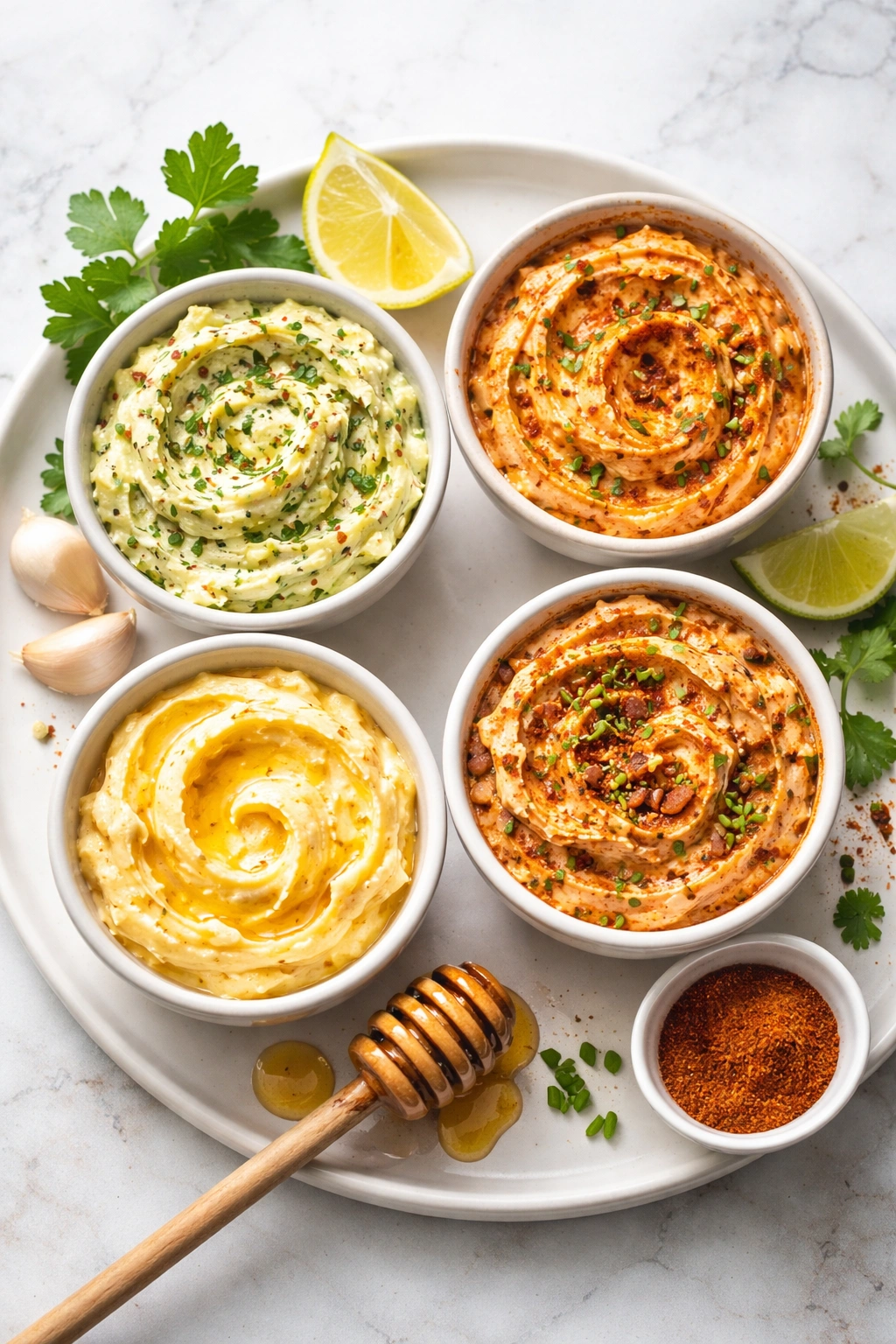 Top-down view of four bowls of butter showing flavor variations without labeling