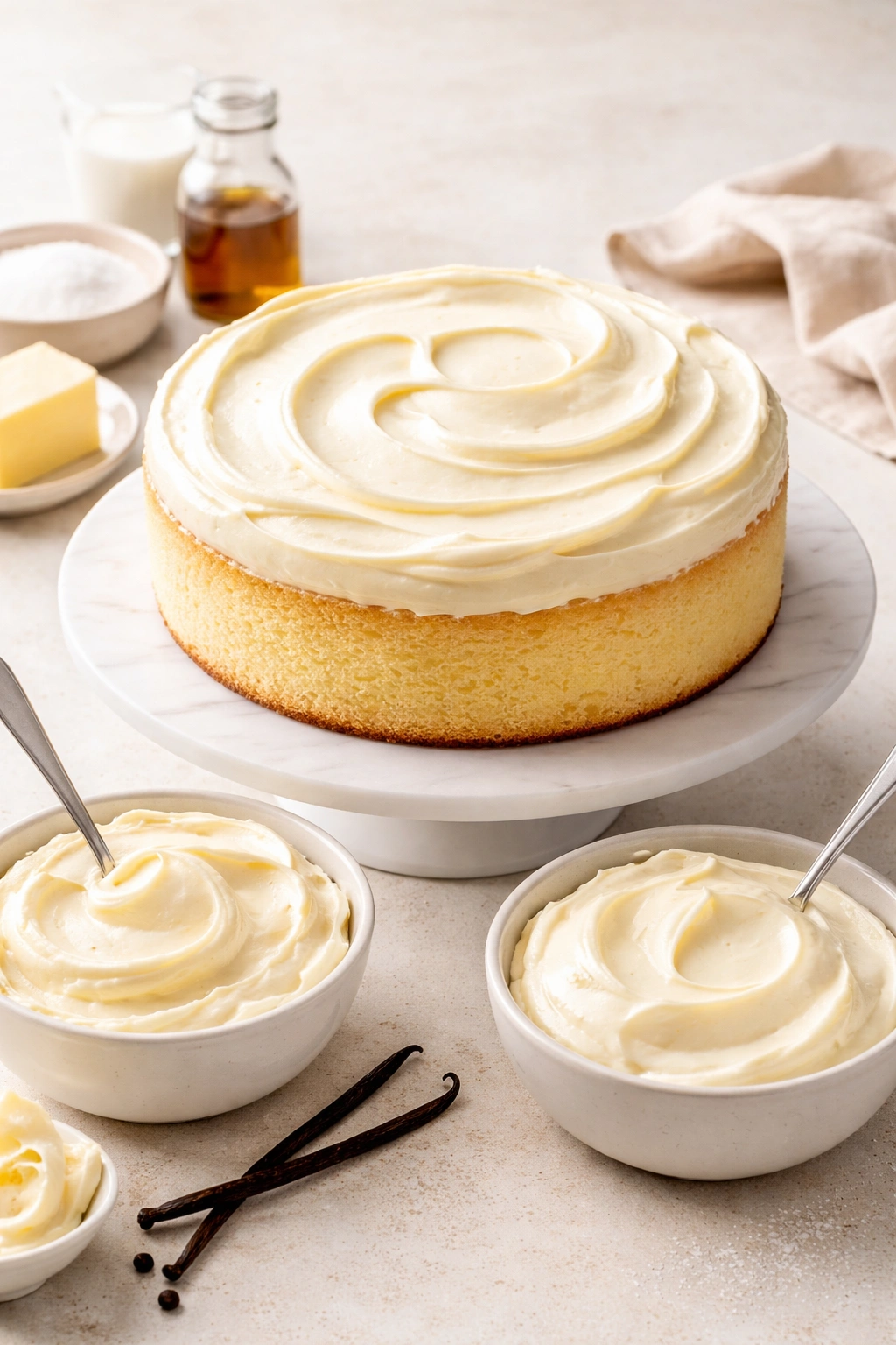 Vanilla cake with smooth buttercream frosting on a cake stand