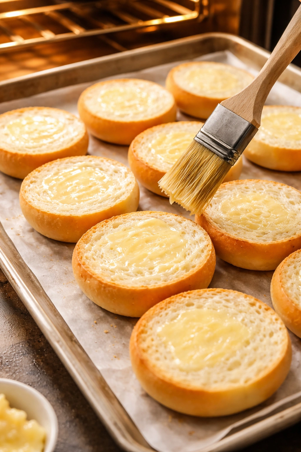 Close-up of split slider buns being buttered and toasted on a baking sheet.