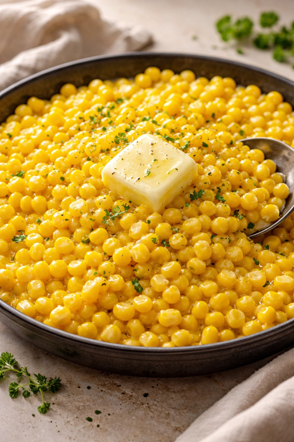 Butter-coated corn kernels glistening in a skillet