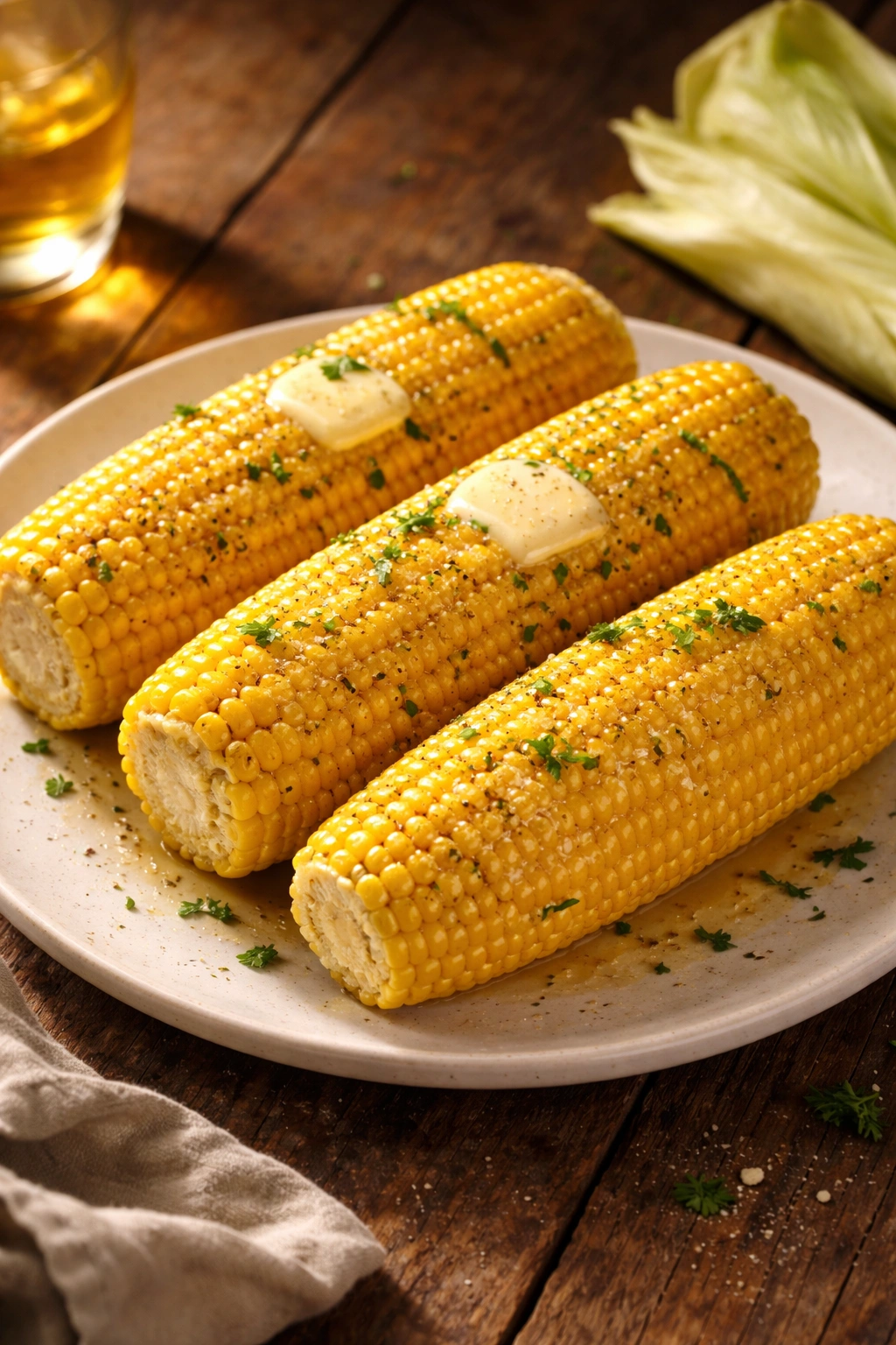 Close-up of buttered corn on the cob on a plate.