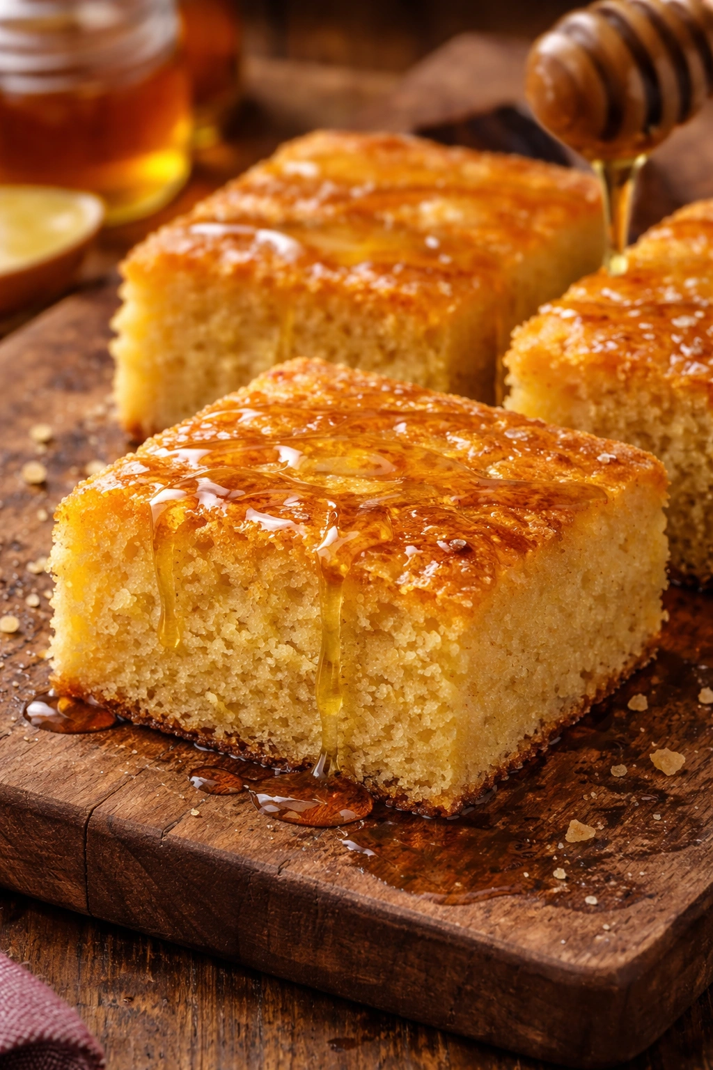 Close-up of golden cornbread brushed with melted butter and honey glaze