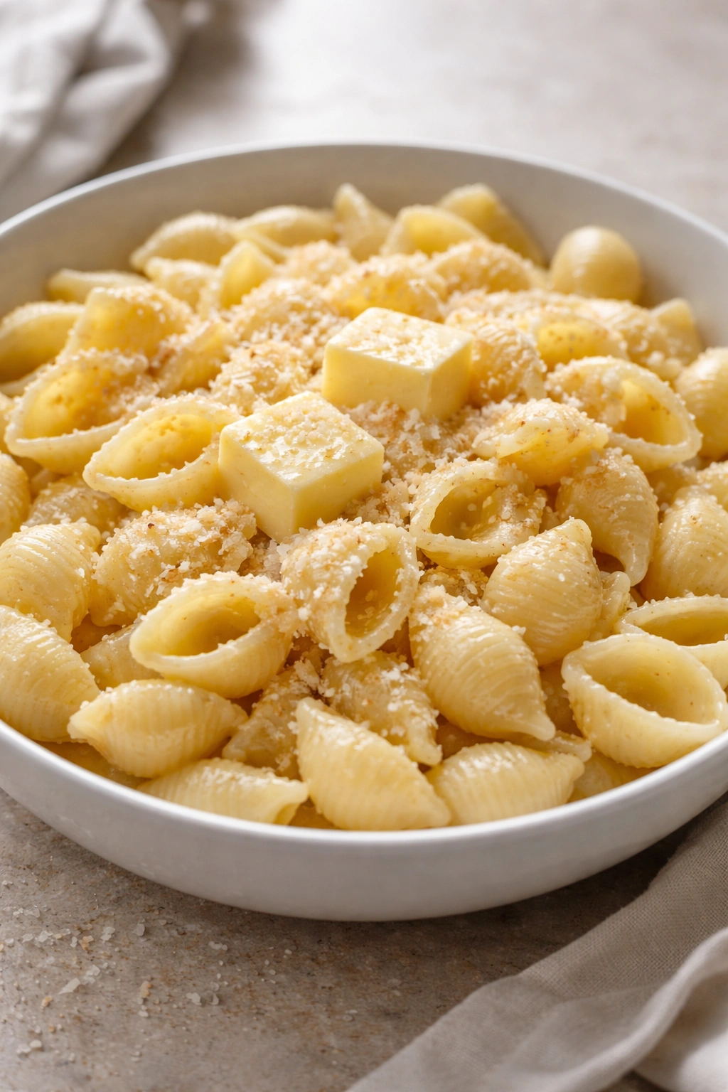 Buttered noodles with Parmesan on a plate