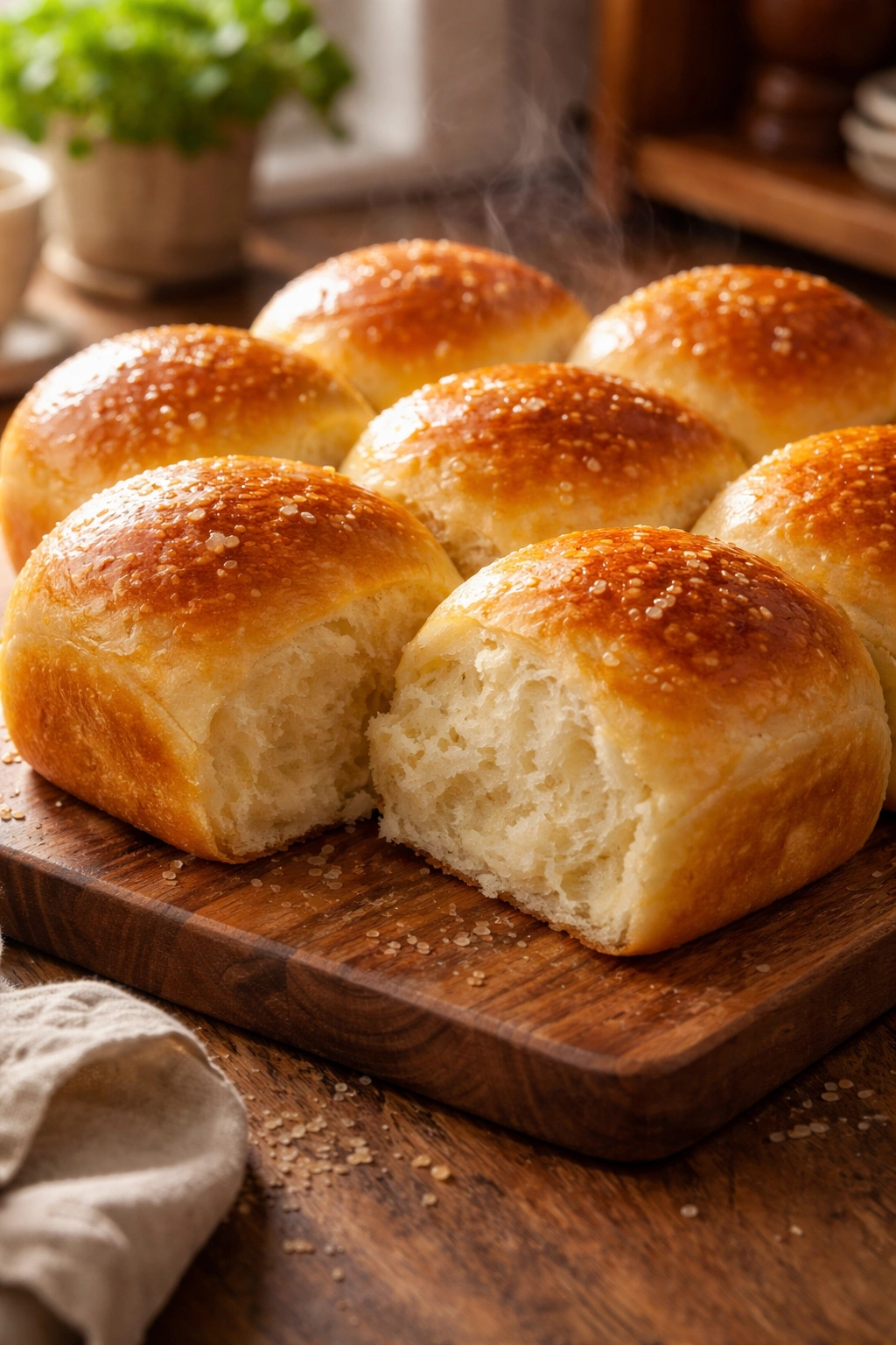 Close-up of warm buttered dinner rolls on a rustic wooden board