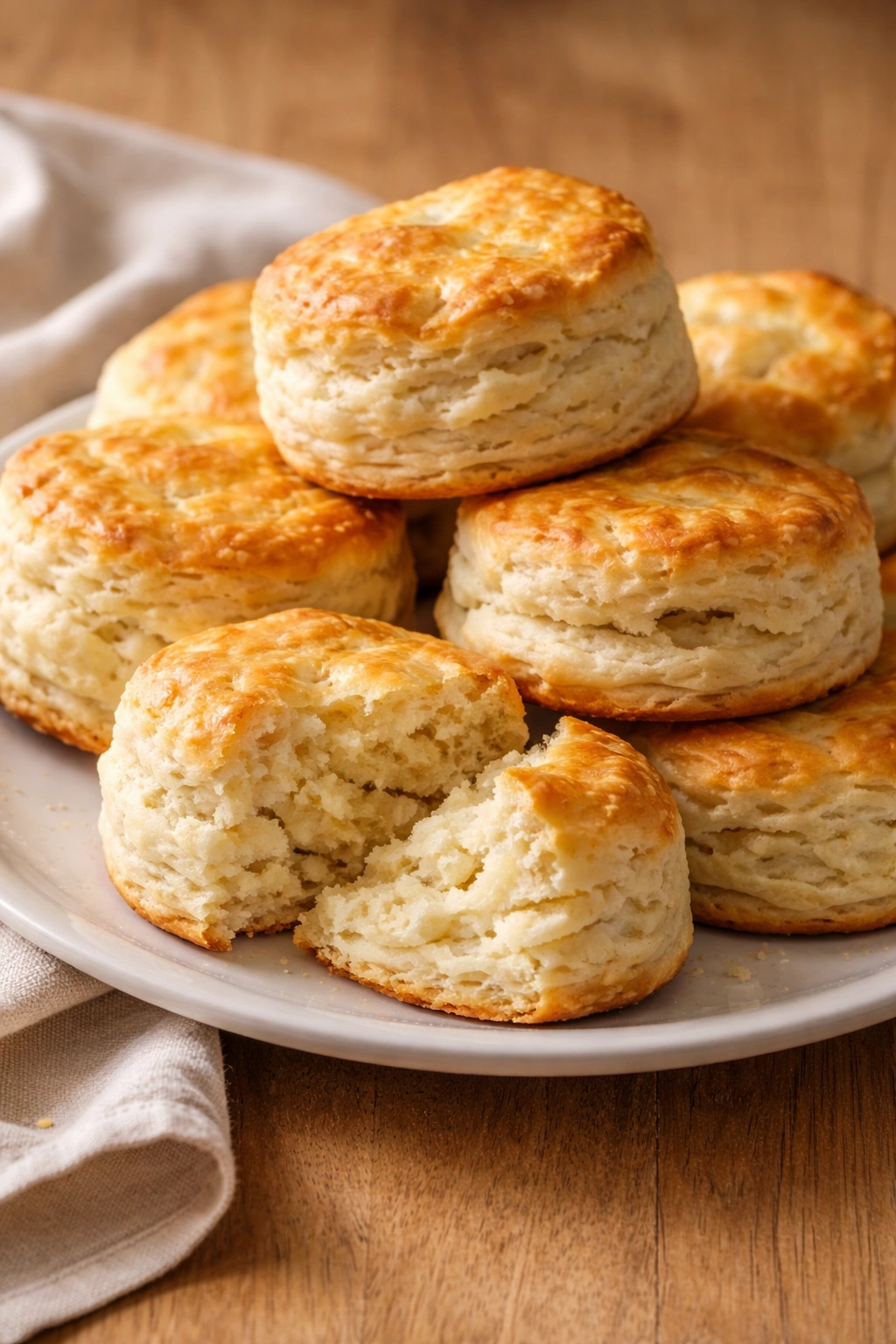 Stack of flaky buttermilk biscuits on a plate