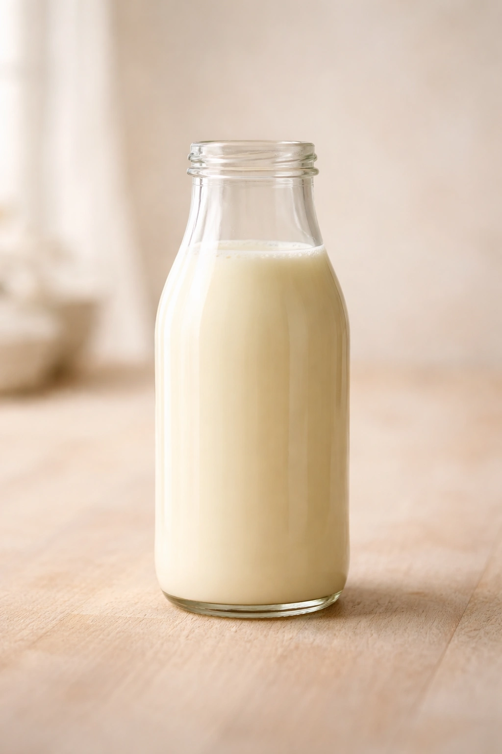 Buttermilk byproduct in a glass bottle on wood, pale liquid, close-up.