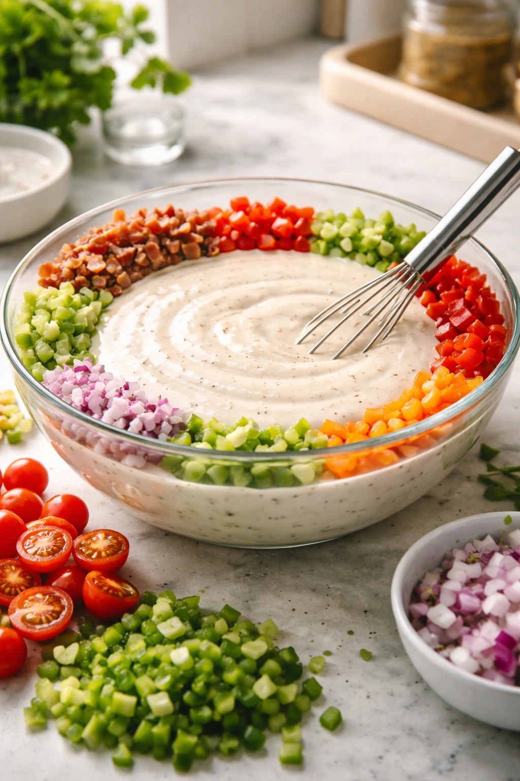Close-up of a creamy dressing with evenly diced vegetables for perfect results in pasta salad