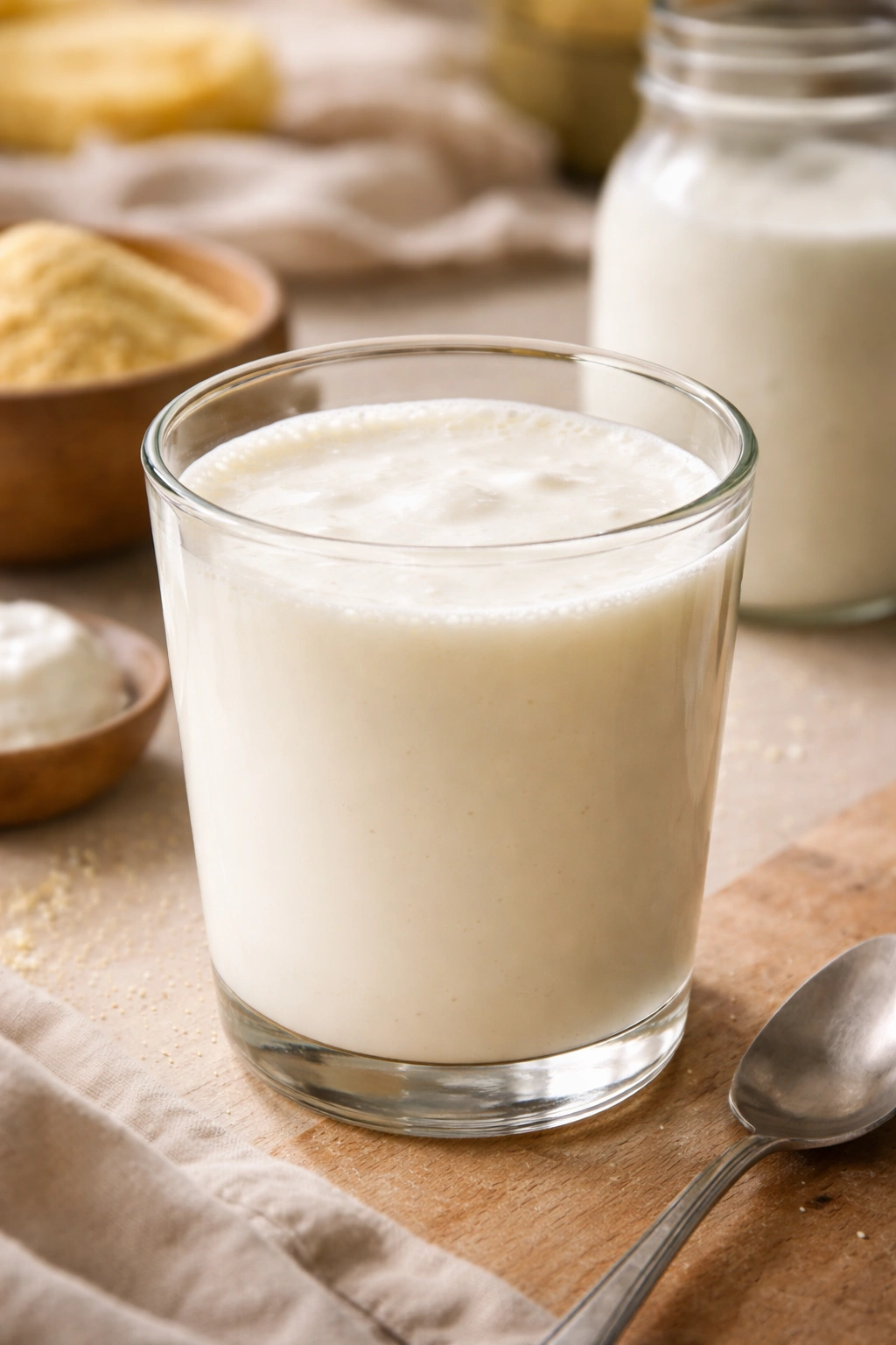 Glass of buttermilk with creamy surface