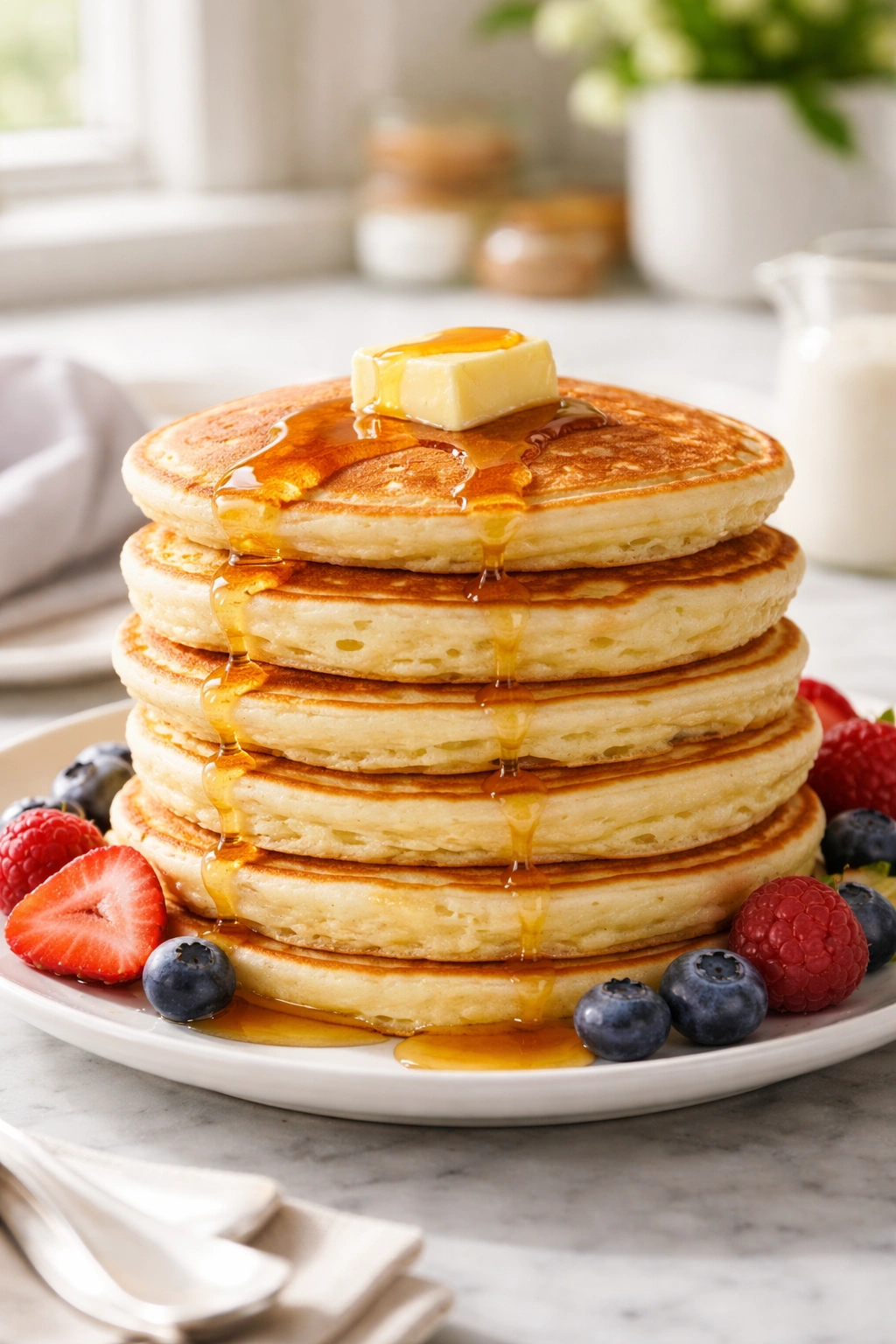 Close-up of a stack of fluffy buttermilk pancakes on a white plate
