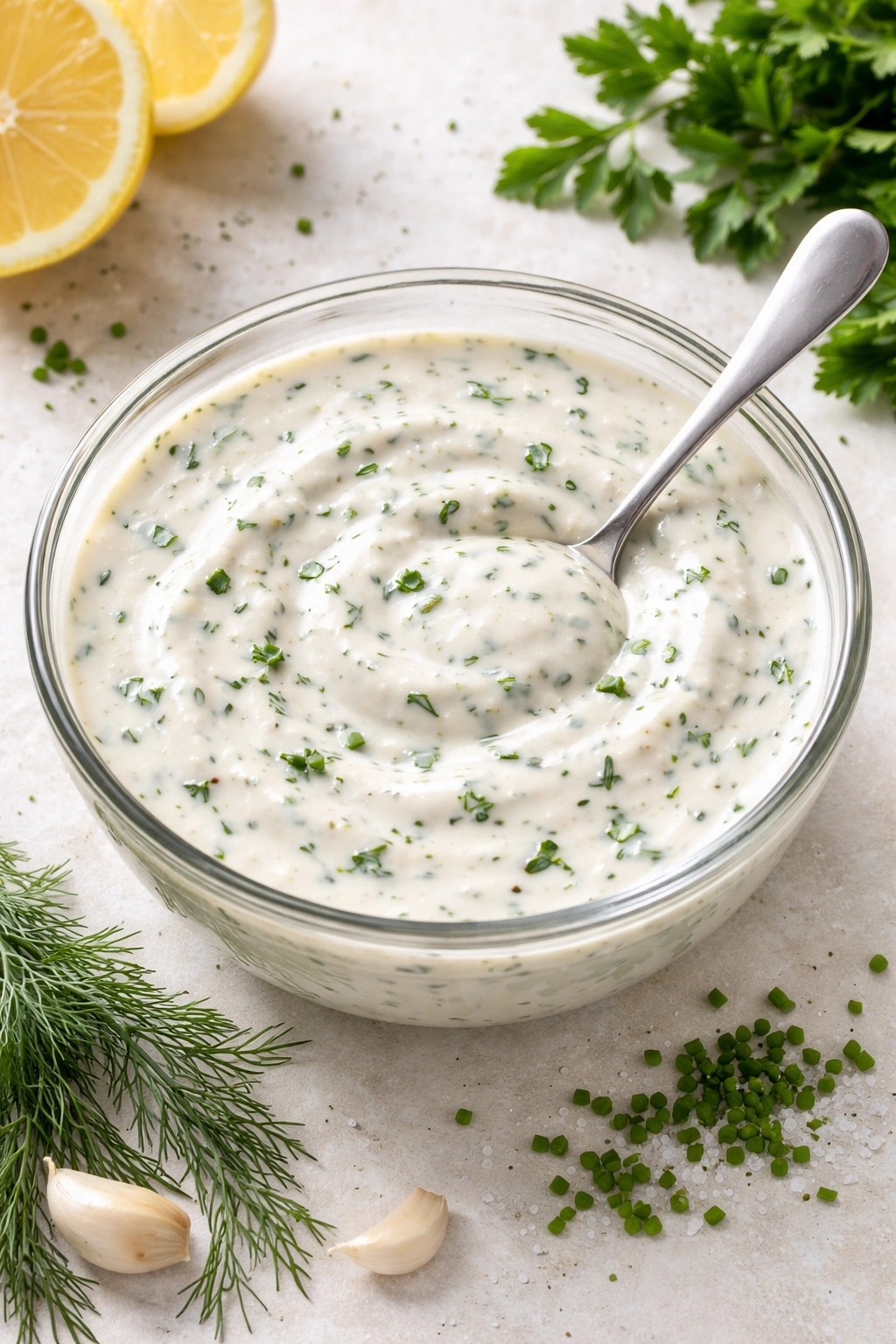 Creamy buttermilk ranch marinade with herbs in a glass bowl