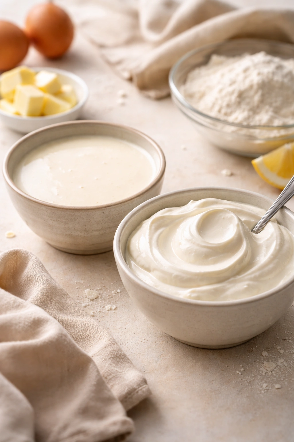 Two bowls with buttermilk and sour cream showing creamy, moist textures
