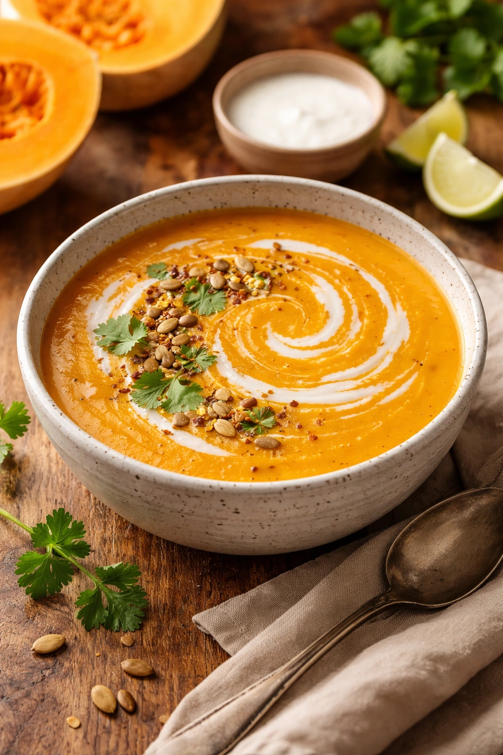 Butternut squash soup with coconut cream swirl in a bowl