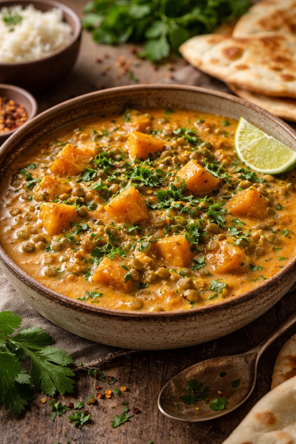 Creamy orange lentil curry with squash and herbs in a rustic bowl