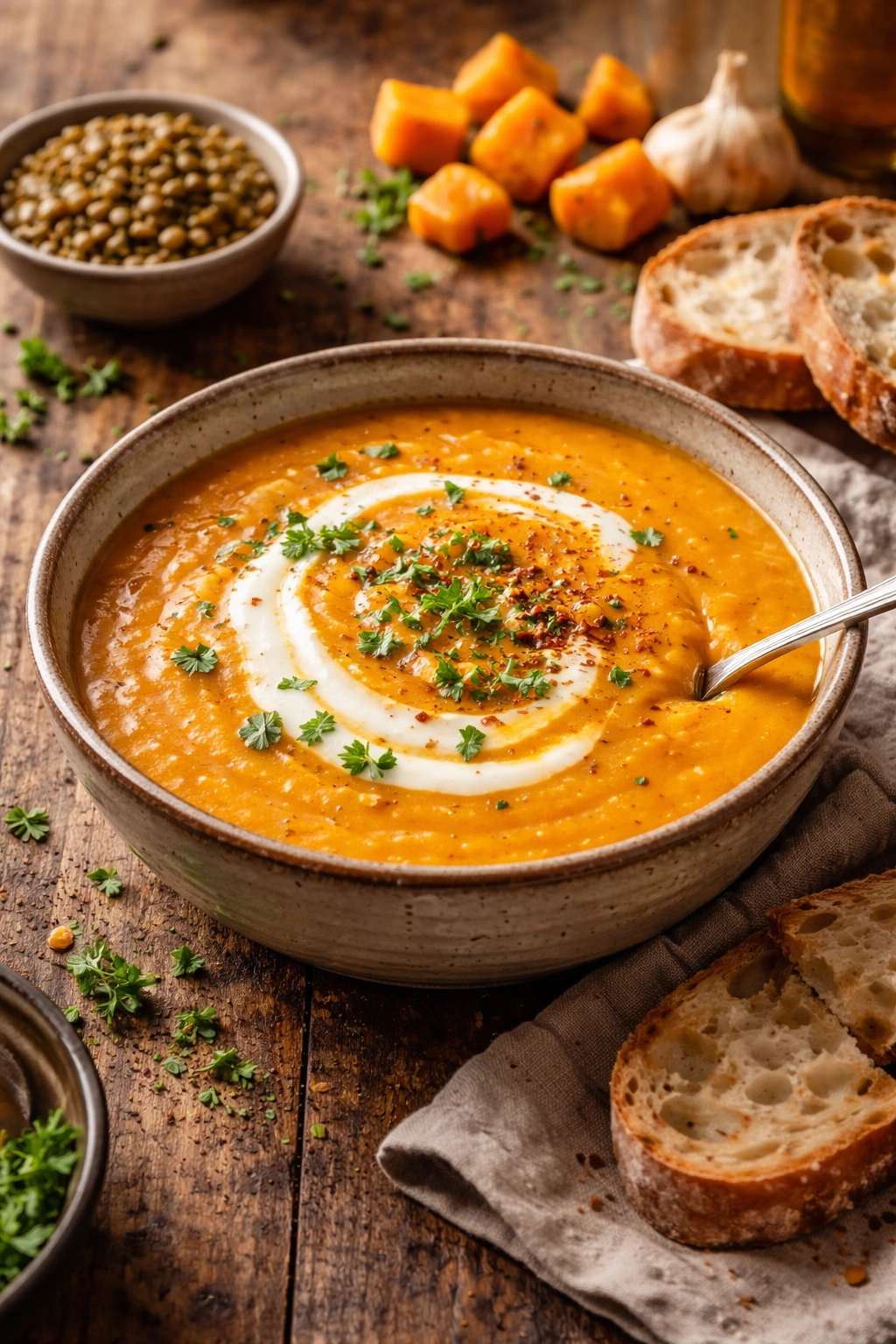 Orange butternut squash lentil soup in bowl with yogurt swirl and parsley