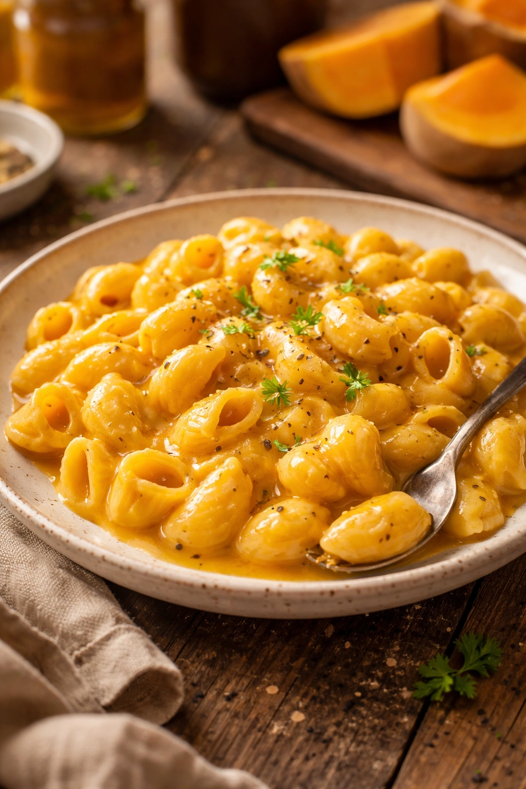 Close-up of creamy butternut squash mac and cheese on a plate