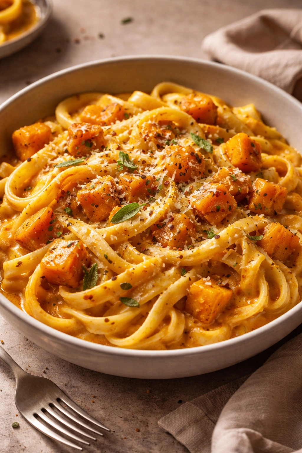 Butternut squash pasta in orange sauce on plate