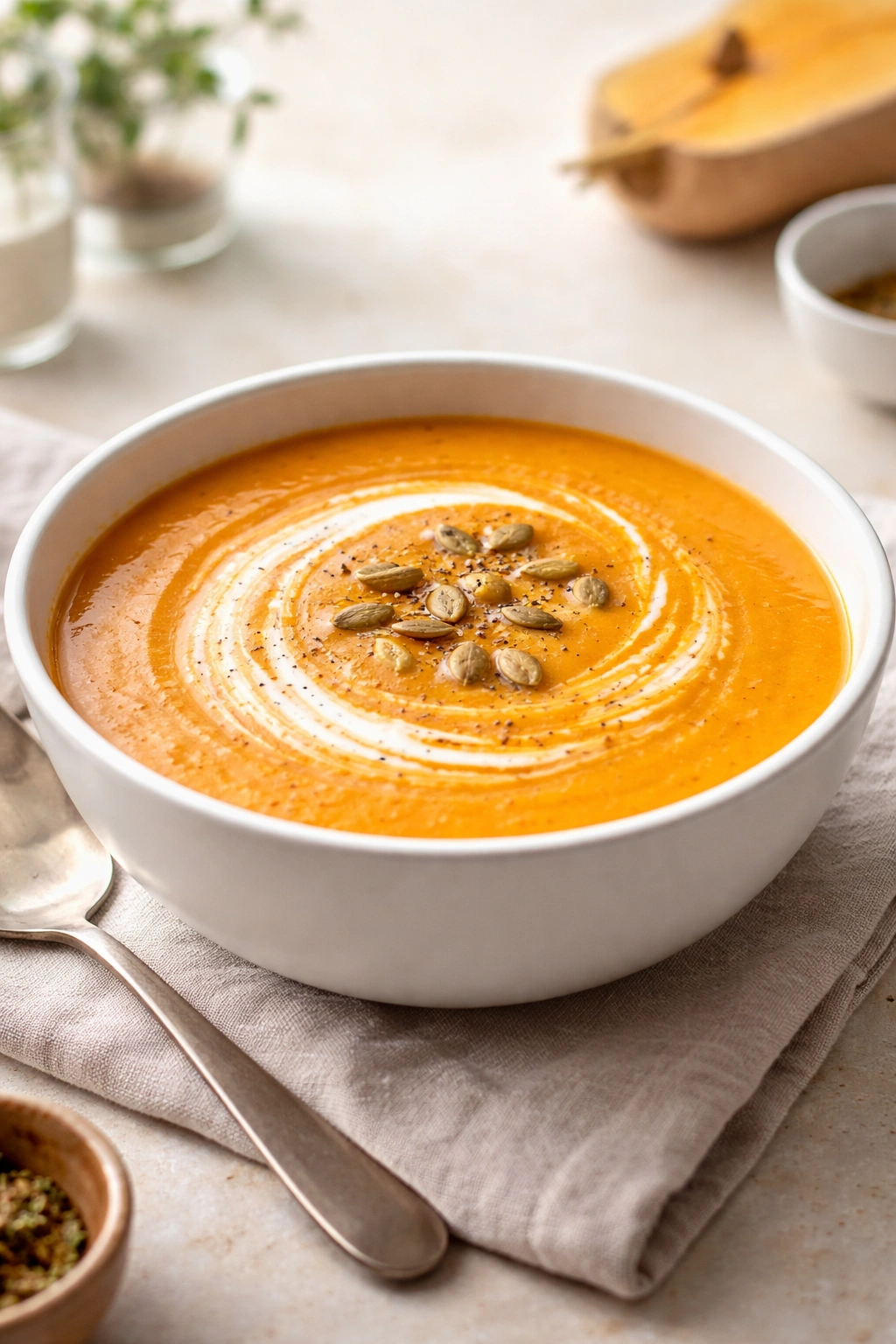 Creamy orange butternut squash soup with cream swirl