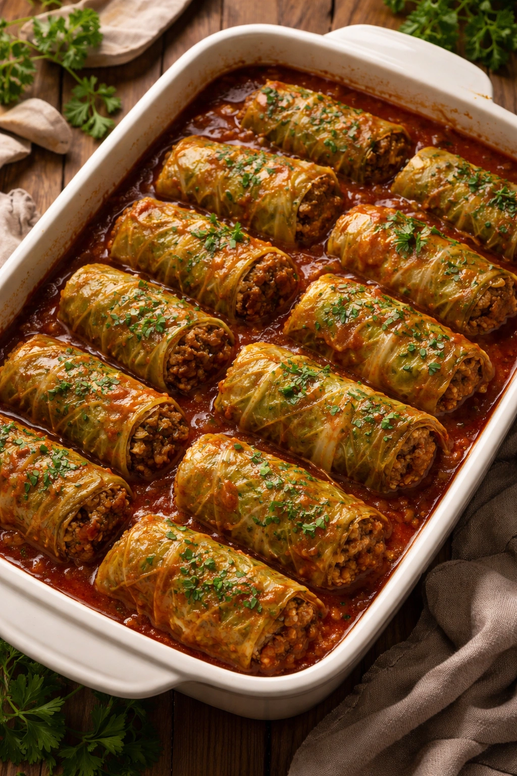Cabbage rolls in tomato sauce arranged in a casserole dish