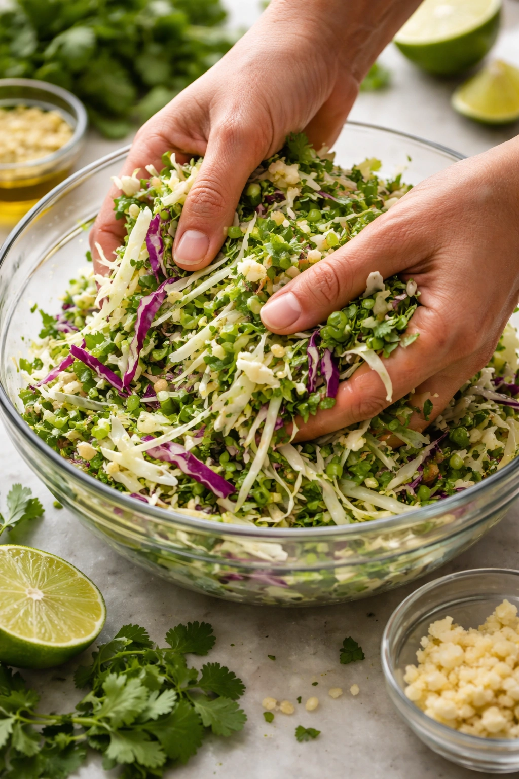 Hands massaging shredded cabbage with lime juice and herbs