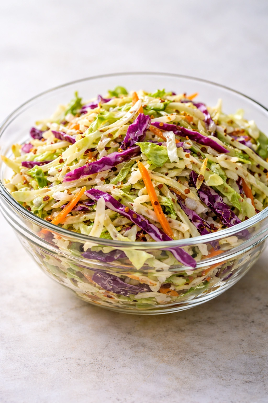 Shredded cabbage slaw in a glass bowl with glossy dressing