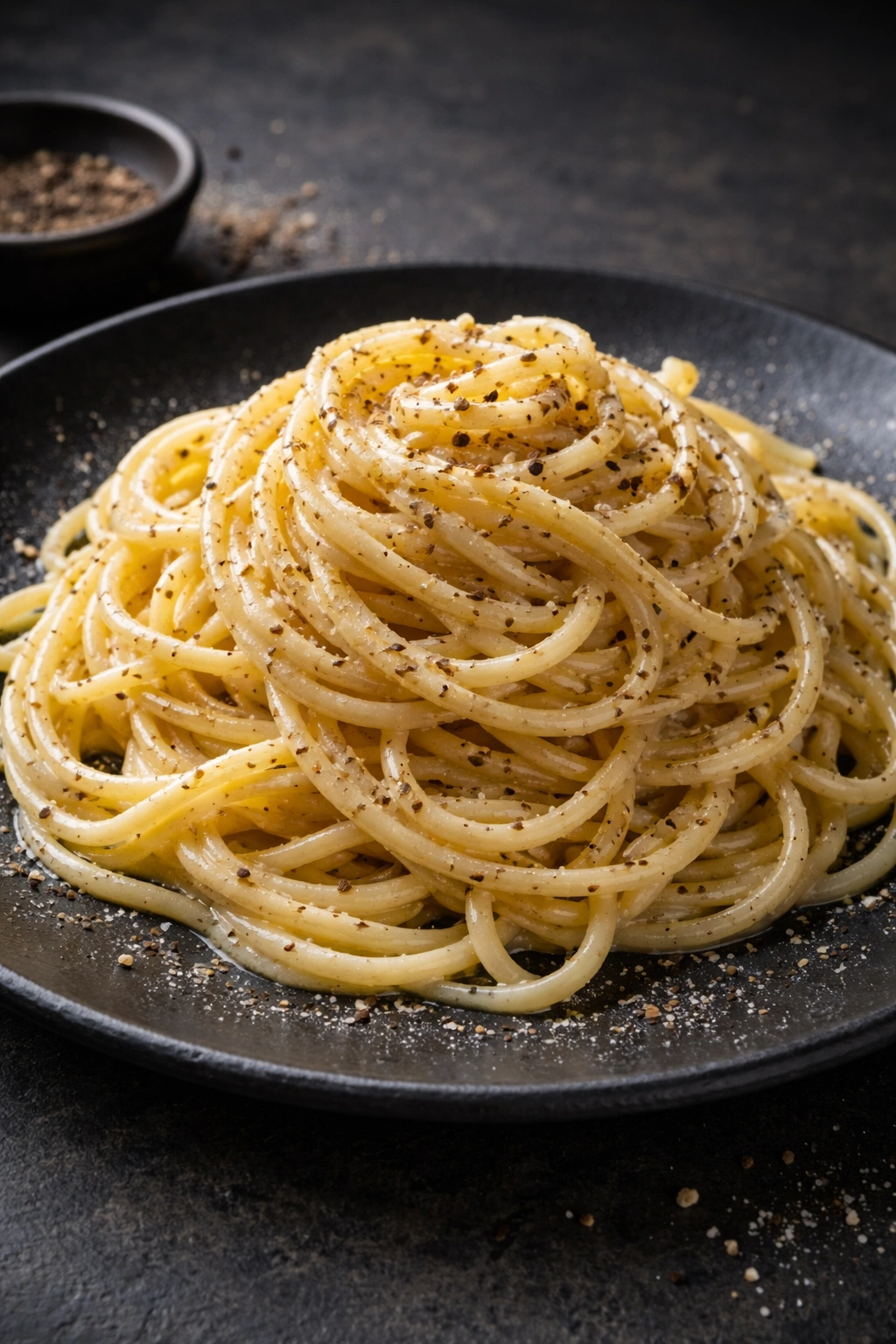 Cacio e Pepe pasta in a creamy emulsion with pepper, close-up