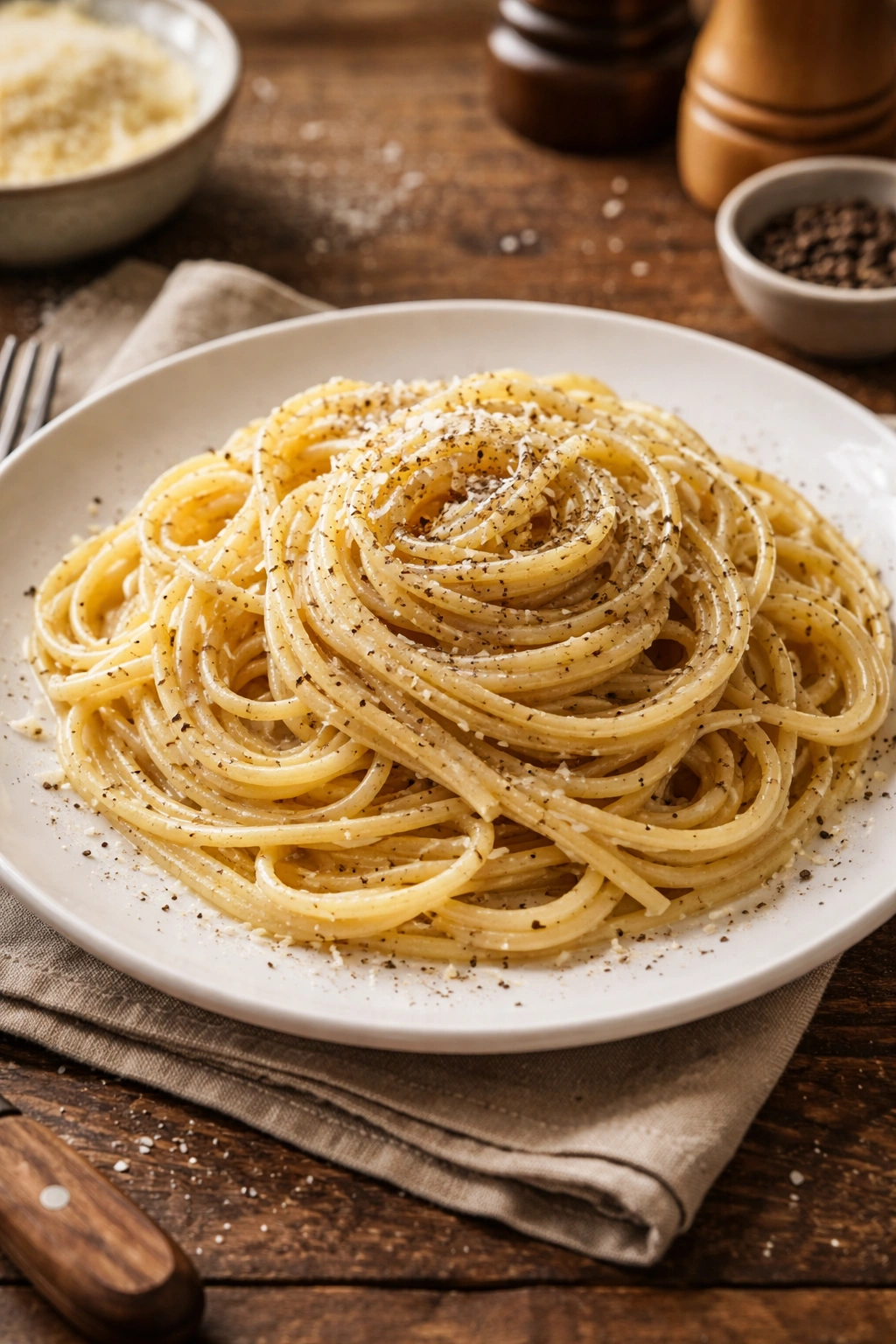 Close-up of creamy Cacio e Pepe pasta with pepper on a plate