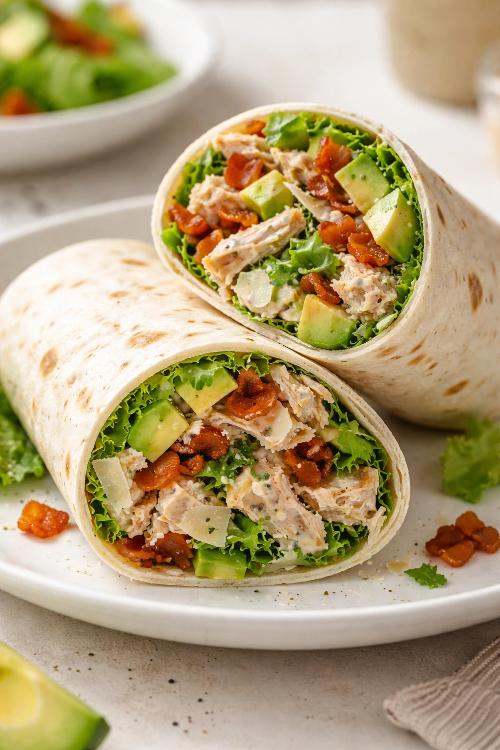 Close-up of a Chicken Caesar Wrap with crispy bacon and avocado on a plate