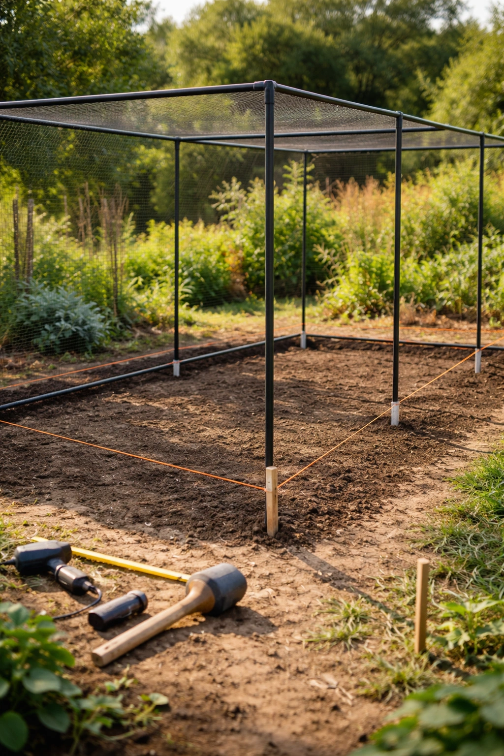 Partially assembled fruit cage on flat ground with guide lines and stakes