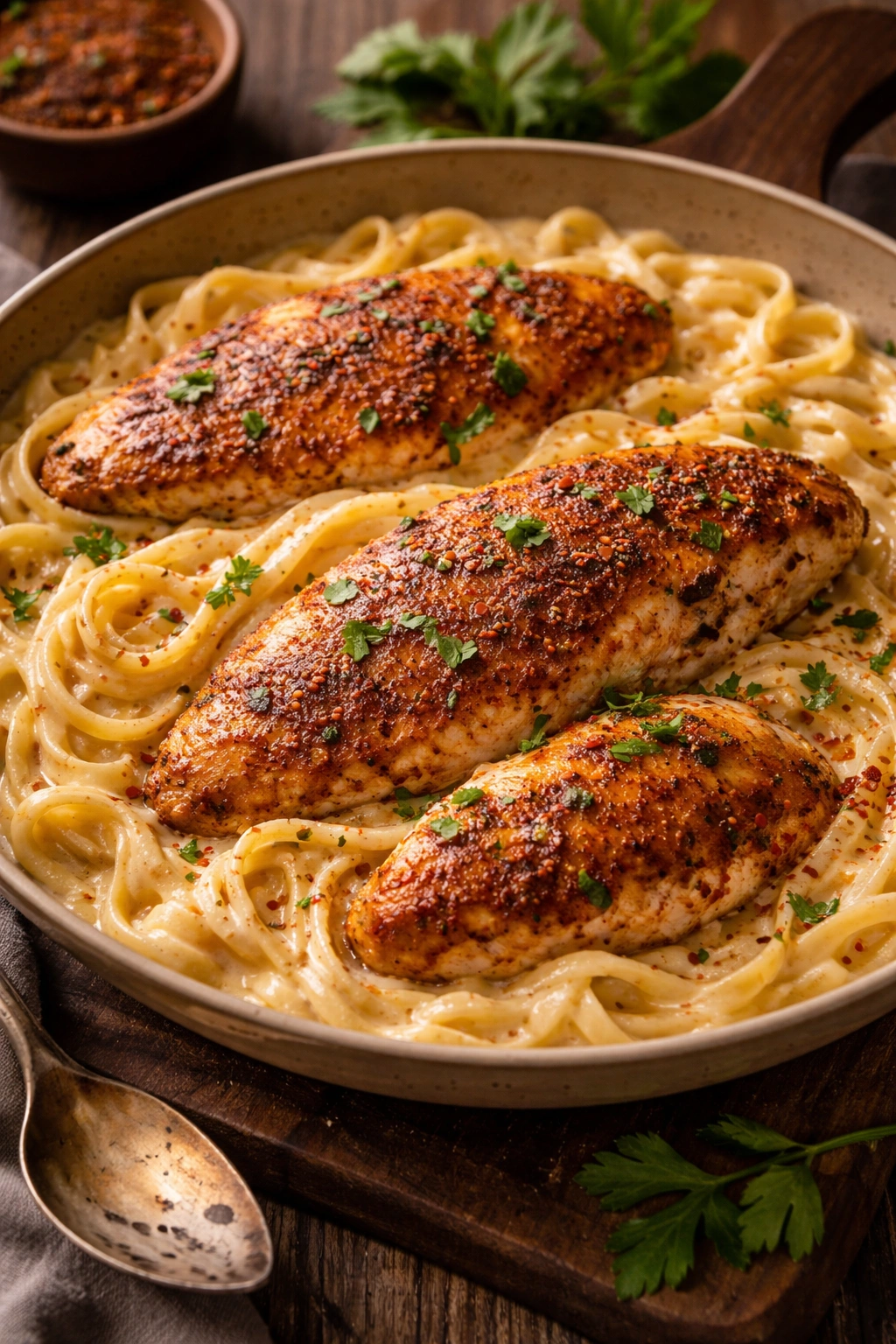 Close-up of Cajun chicken alfredo on a rustic plate showing spiced crust and creamy sauce