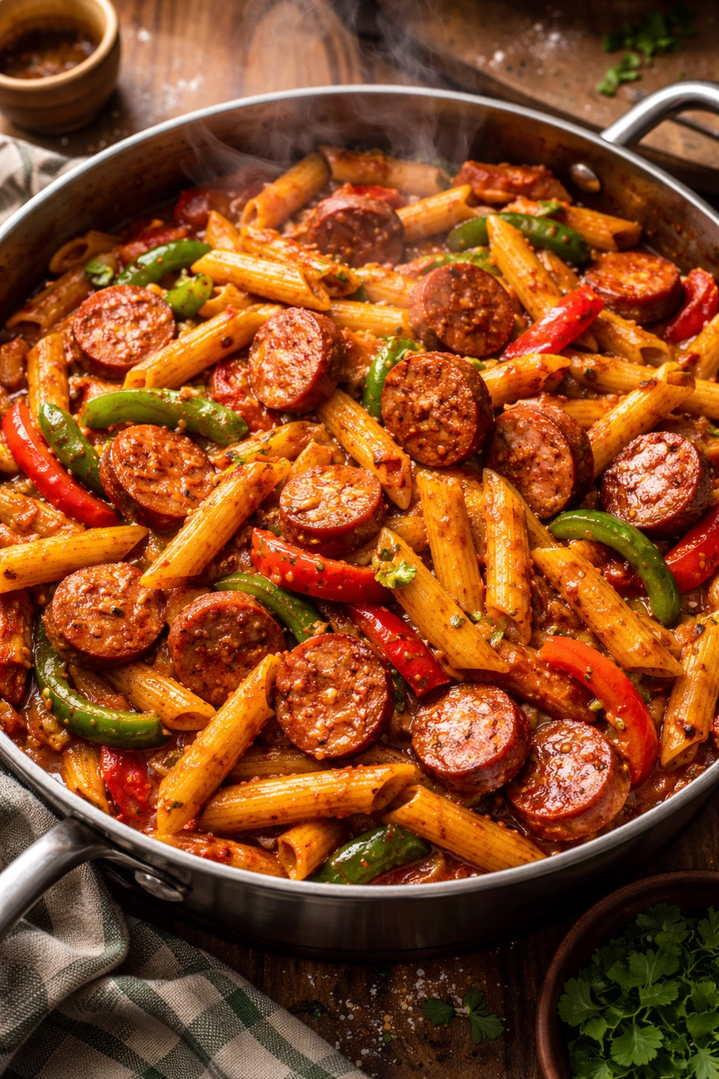 Pasta with Cajun sausage and peppers in a spicy sauce