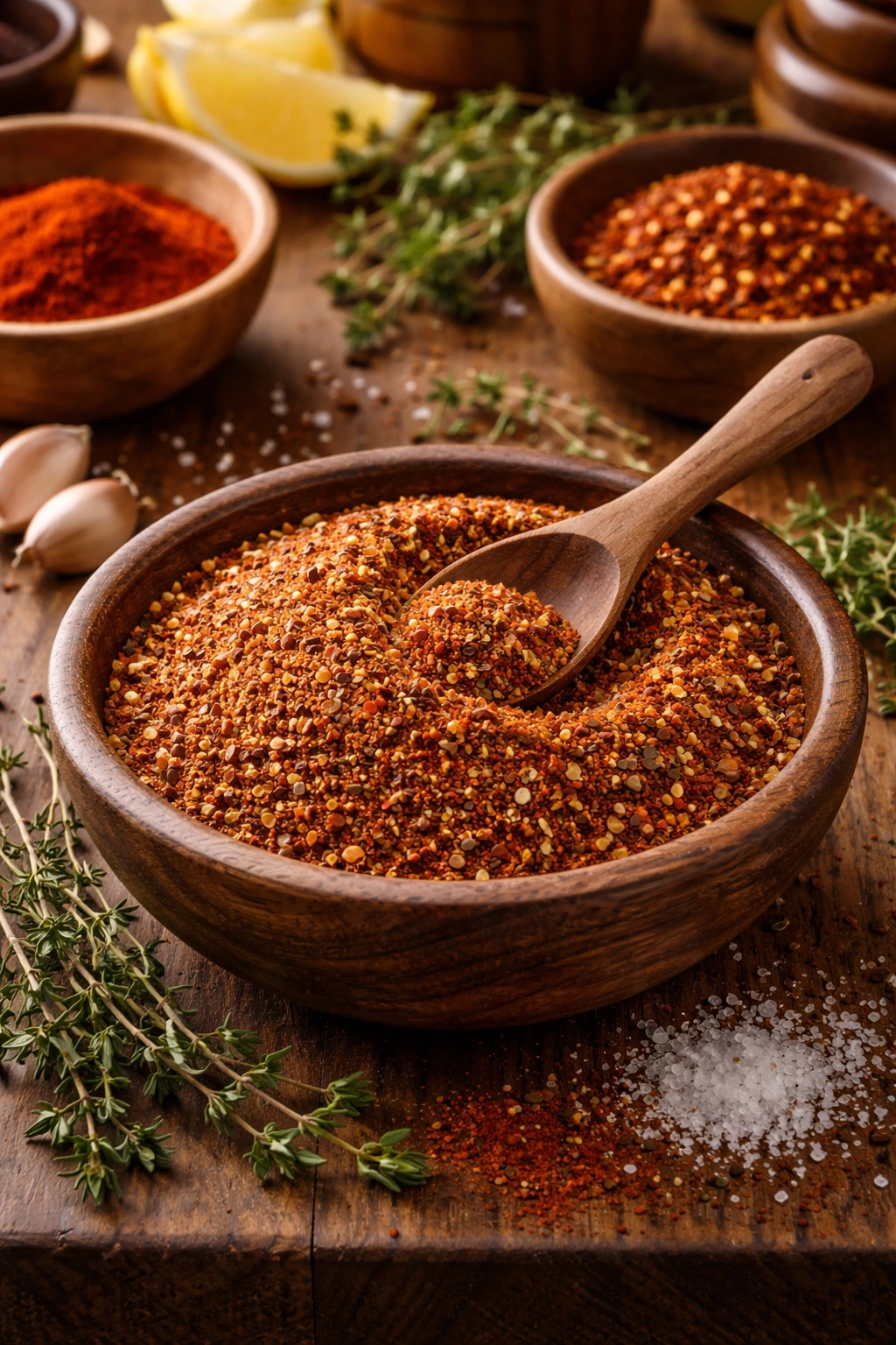 Close-up of Cajun seasoning in a wooden bowl