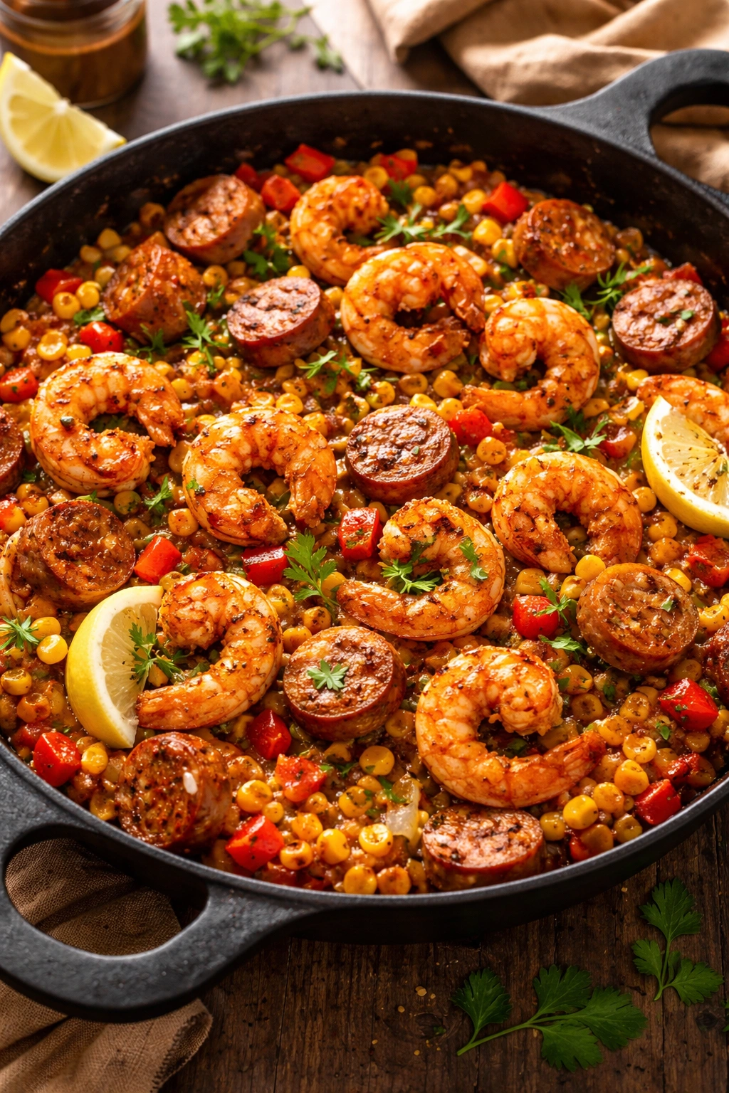Shrimp with corn, peppers, and dairy-free sausage in a Cajun skillet
