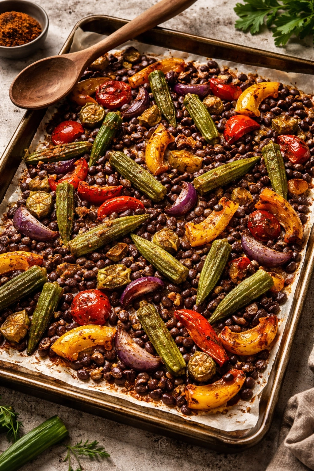 Cajun-spiced vegetables with black beans and okra on sheet pan
