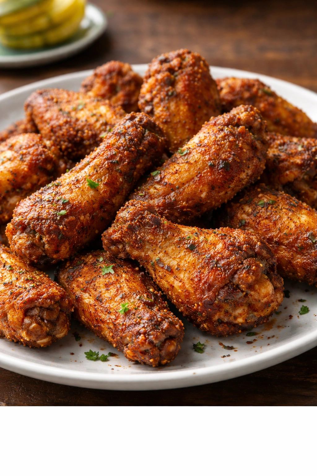 Cajun-spiced crispy wings on a plain plate.