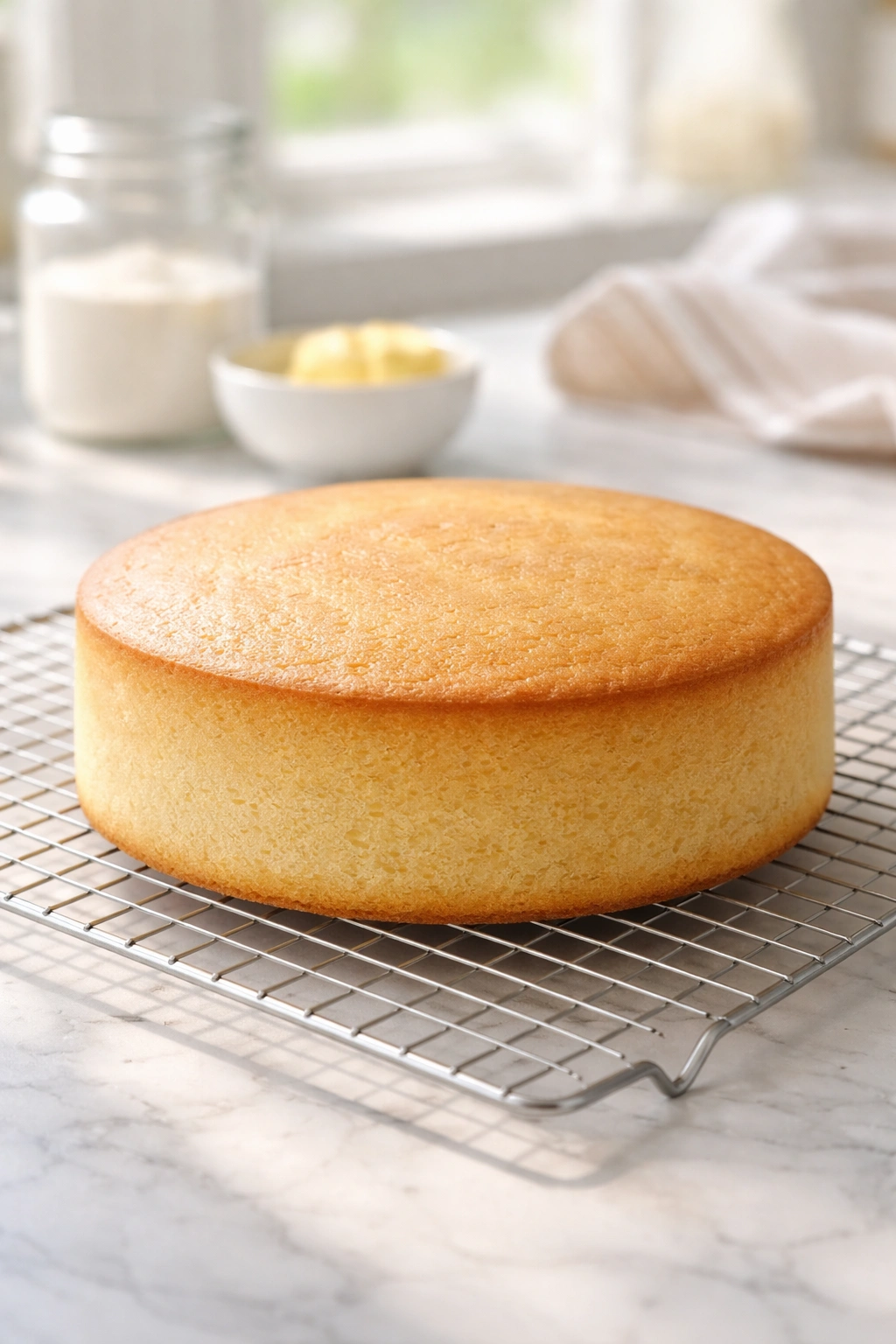 Cake on cooling rack with even top and smooth sides ready to prevent texture issues