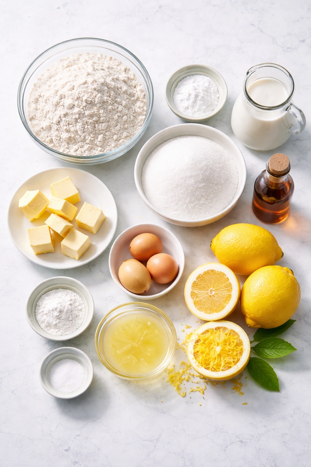Flat lay of lemon cake ingredients including flour, butter, sugar, eggs, lemons, and milk
