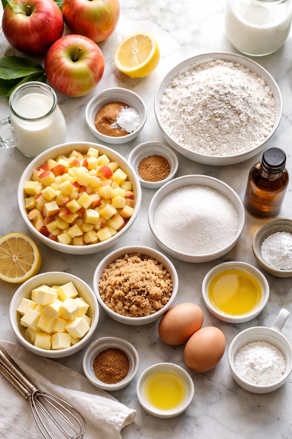Cake ingredients arranged neatly for apple cake