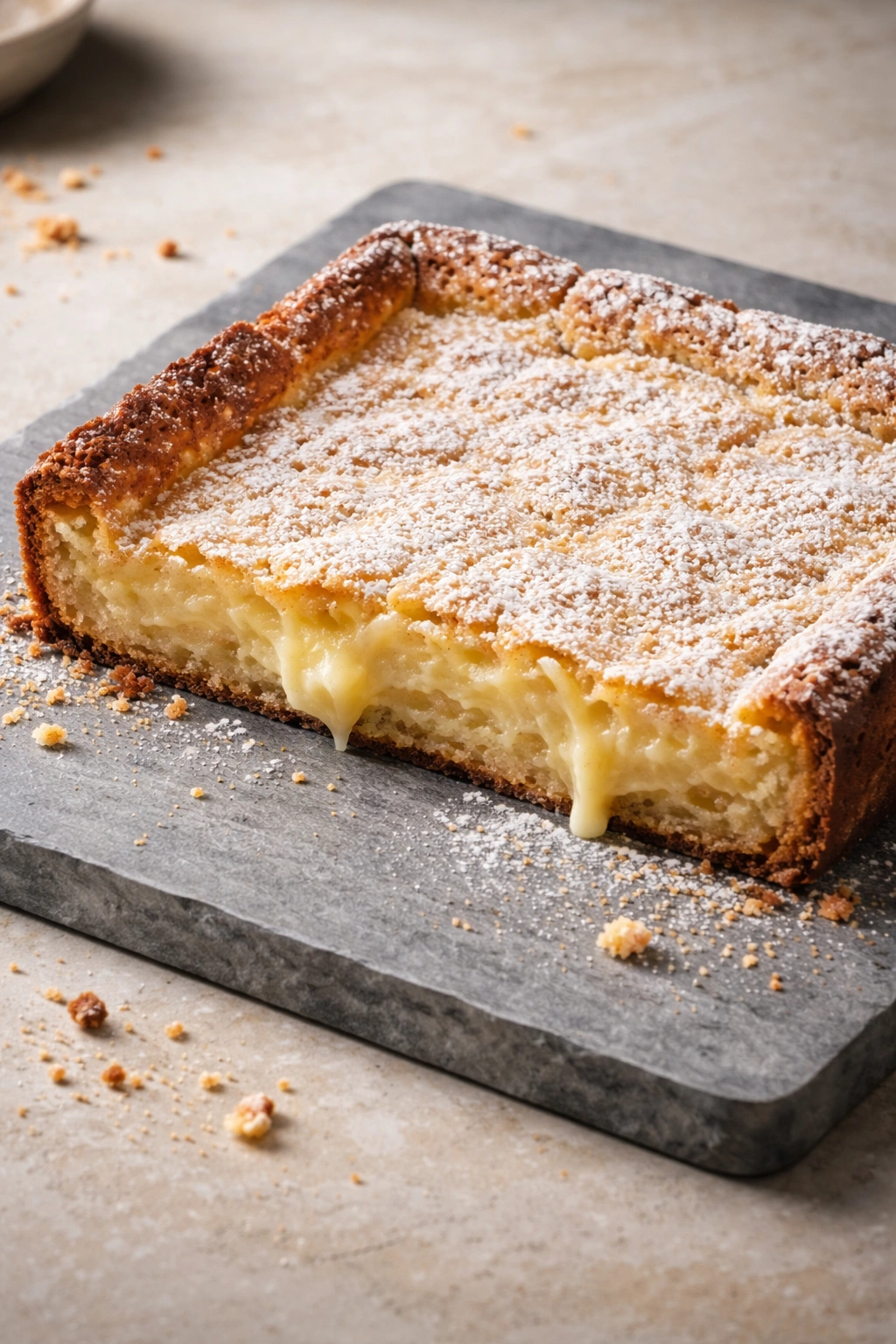 Gooey butter cake showing overbaked edge and underbaked center