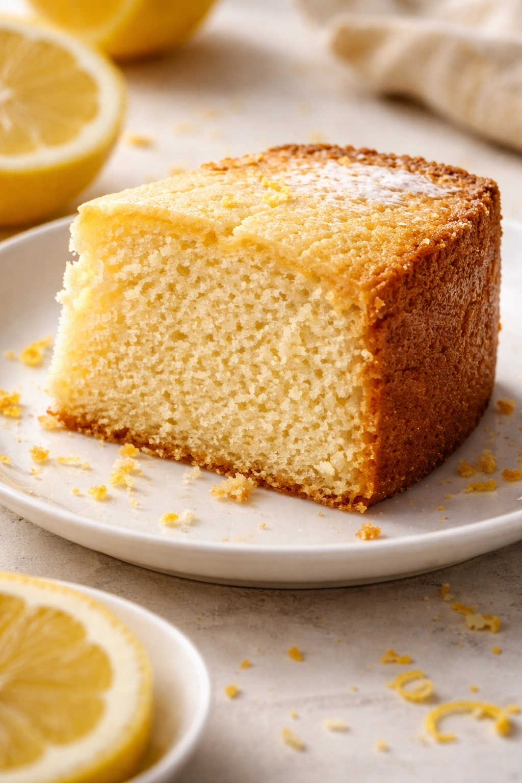 Close-up of lemon cake slice with dense crumb and dry edges