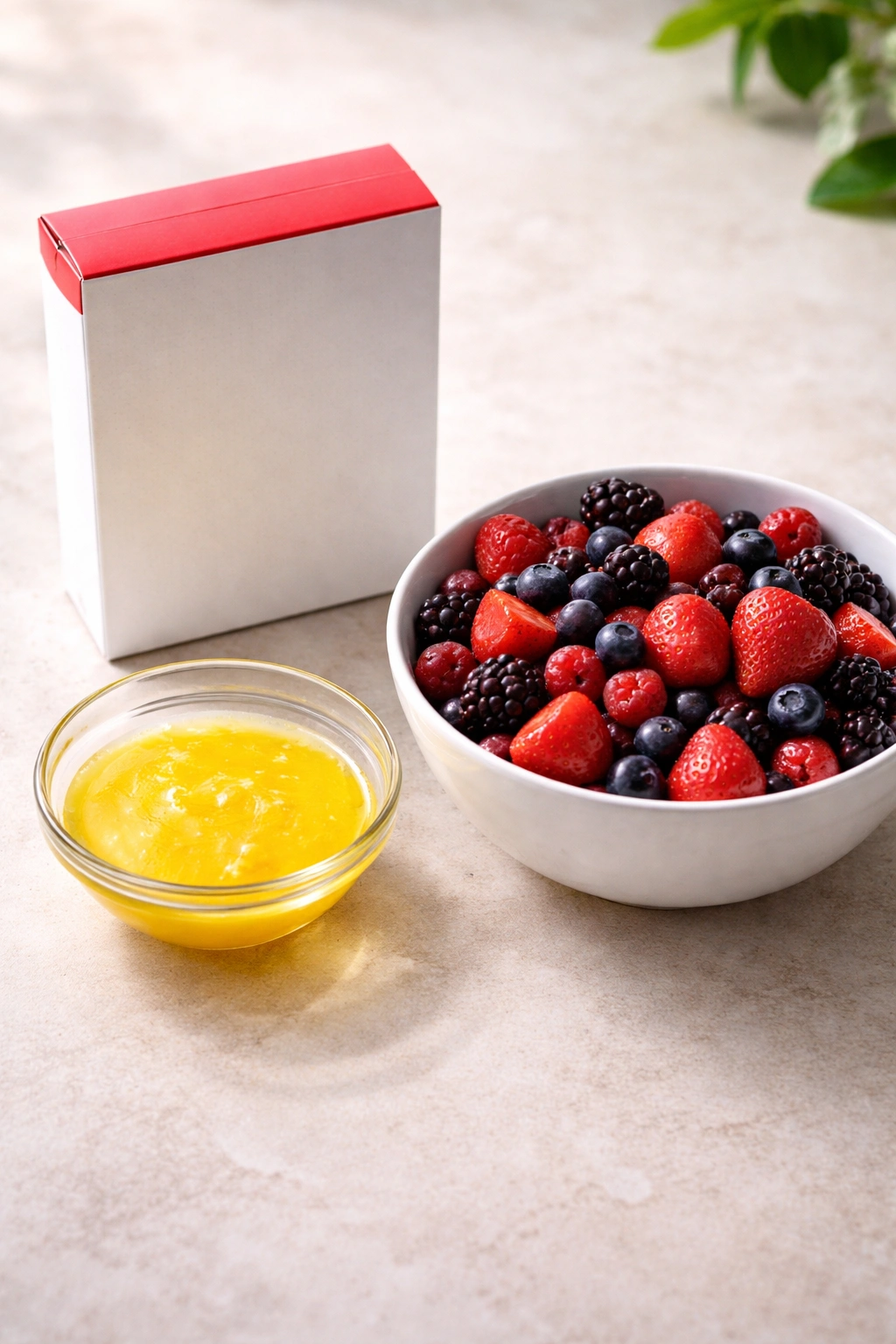 Unlabeled cake mix box, melted butter, and fresh fruit on a neutral surface